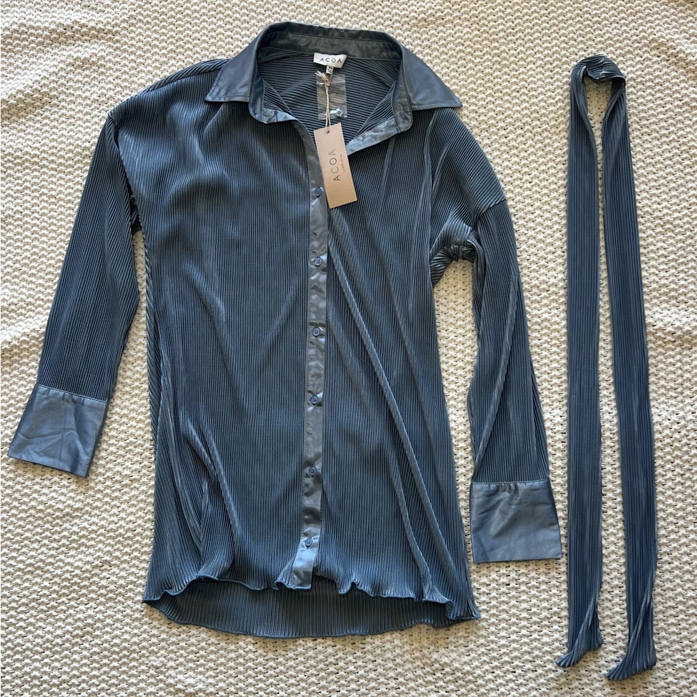 ACOA Blue Collared Pleated Dress with tie